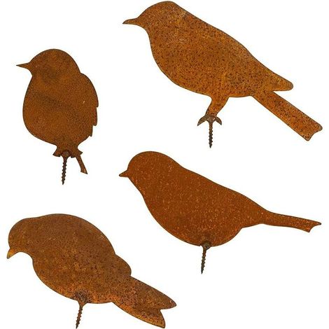 Silhouettes d’oiseaux en métal rouillé, décor de jardin 4 pièces, sculpture extérieure (1/5)