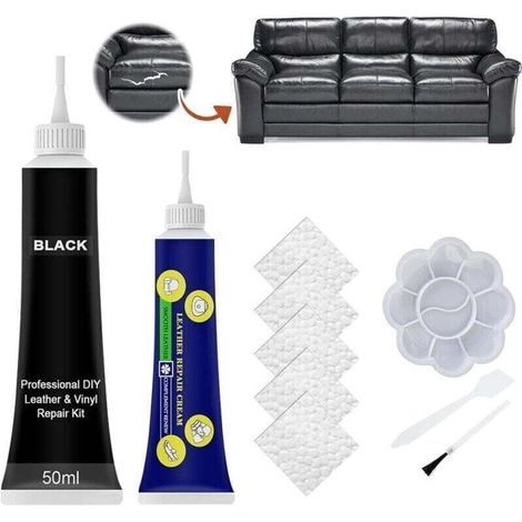 Housse de canapé, Reparation Cuir Voiture, Renovateur Cuir, Kit Reparation Cuir pour Fissures et Trous dans Les Meubles, Canapés, Sièges de Voiture, Rayures et Craquelures Reparation- (50ml Noir) (1/4)