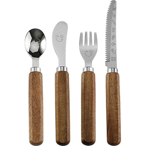 4-piece stainless steel children's spoon set, kitchen utensils, acacia wood handle, steak knife and fork, serrated bread knife (1/5)