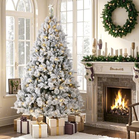 Sapin de Noël Artificiel avec Éclairage Intégré 180 cm, 1348 Pointes et 320 LED Blanc Chaud, PVC & PE Neigeux, Facile à Assembler, Style Réaliste pour un Noël Magique (1/4)