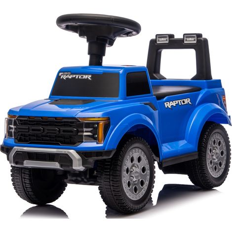 Macchinina cavalcabile per bambini da un anno, con vano portaoggetti a LED, Ford Raptor blu, Sun Baby
