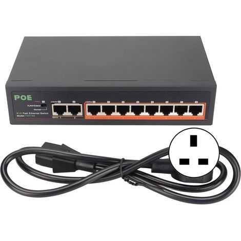 Switch PoE 8 ports 10/100 Mbps 90 W RJ45 avec indicateur LED adaptatif, boîtier en alliage d'aluminium et prise britannique. (1/5)