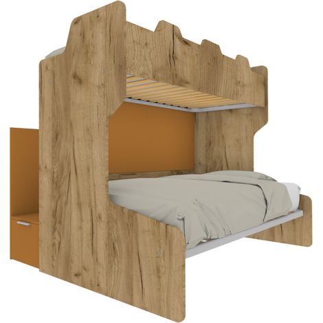 Letto a castello salvaspazio con scala contenitore - 1 Piazza e mezza + singolo - Quercia e zolfo