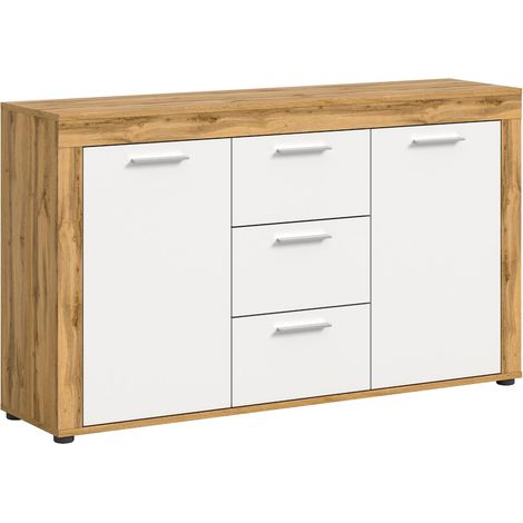 Jam Sideboard 3 Schubladen, 2 Türen Eiche Dekor, weiß.