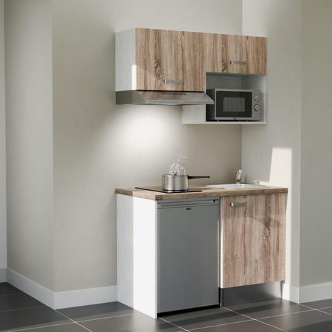Kitchenette K02L-PT - 120 cm - plan stratifié, évier inox, - Façade Bois - Plan Bois - Evier Inox - Crédences Non + Electroménager inclus coloris Inox