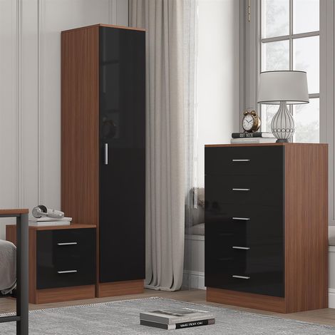 Reflect 1 Door Plain Wardrobe, 5 Drawer Chest, 2 Drawer Bedside - Black Gloss & Walnut - Bedroom Furniture Set