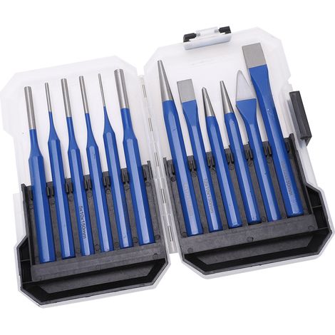 Kit de 12 poinçons à burin coniques, cylindriques et plats, avec manche bleu, outils de gravure et de poinçonnage (1/5)