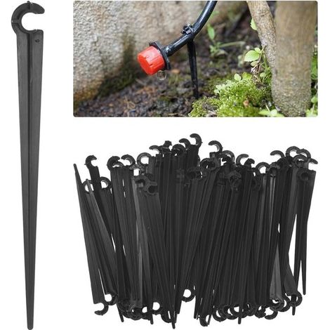 Estacas para manguera de riego por goteo, 100 unidades, Soportes para tuberías de sistema de microgoteo de 4/7 mm, Plástico negro (1/5)