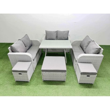 Fimous Rattan Garden Furniture Dining Set 9-seater Patio Rectangular Table Love Sofa Set with 3 Stools (1/4)