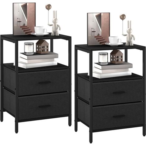 Table de Chevet Lot de 2,avec 2 Tiroirs Rangement en Tissu,Noir (1/5)