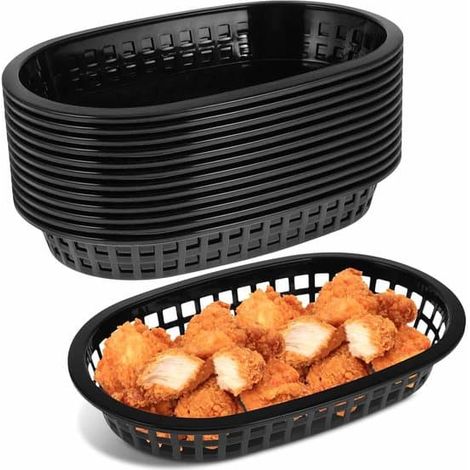 Lot de 12 paniers à pain ovales réutilisables en plastique noir (23 cm) pour hamburgers, frites et saucisses. (1/5)