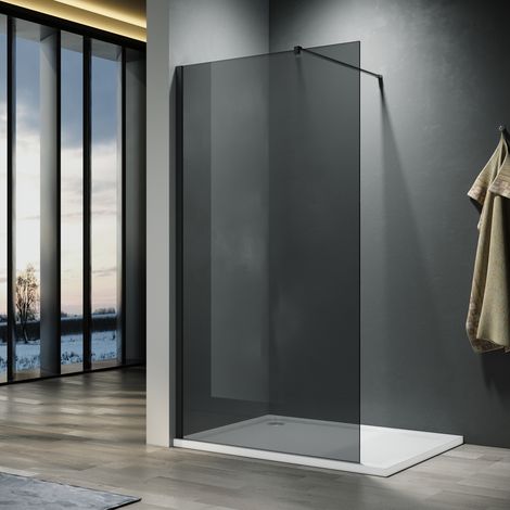ELEGANT Walk in Shower Enclosure 8mm Easy Clean Safety Glass Shower Cubicles Wet Room Shower Screen Dark Grey Screen Panel 900mm + Black Support Bars