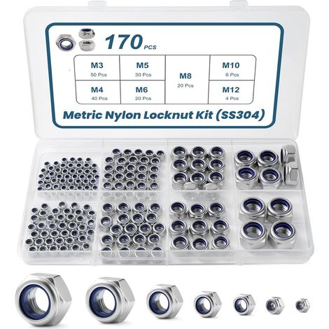 Coffret de 170 écrous autofreinés inox 304 – Assortiment d’écrous hexagonaux Nylstop à insert nylon, formats métriques M3 à M12, kit de fixation anti-desserrage (1/2)