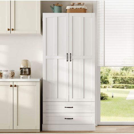Credenza alta da cucina bianca in MDF, 3 ripiani scorrevoli, 2 cassetti e ante (1/5)