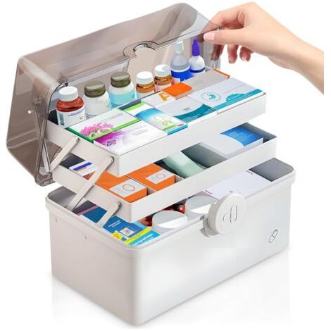 Grande boîte à pharmacie avec poignée de transport - Boîte à médicaments multifonctionnelle et trousse de premiers secours pour un rangement sûr (34 x 21,5 x 19 cm) (1/5)