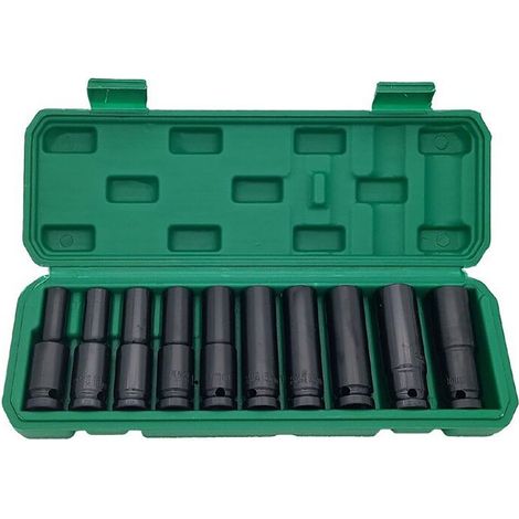 Jeu de 10 douilles 1/2" (10 à 24 mm) pour vis hexagonales, compatible avec clés électriques, perceuses pneumatiques et douilles à impact. (1/5)