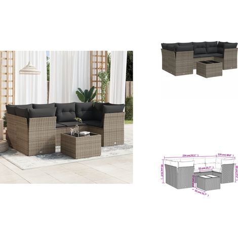 7-tlg. Garten-Sofagarnitur mit Kissen Grau Poly Rattan - Gartensortiment - Outdoor Möbel - Lounge Set - Rattan Sofa - Gartenlounge (1/3)