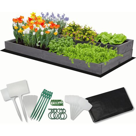 MODO24 Carré potager surélevé en bois, 2 niveaux en cascade, 18x117x63 cm, jardin/terrasse, kit jardinier inclus, gris imprégné
