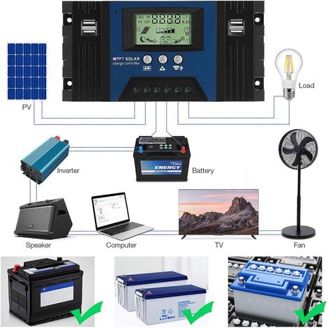 Contrôleur de charge solaire 12V/24V 50A MPPT, régulateur automatique de panneaux solaires avec écran LCD, adapté aux petits systèmes solaires. (1/5)