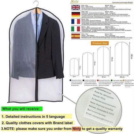 CREA Set mit 6 Kleidersäcken mit Reißverschluss, staub- und mottendicht, aus lichtdurchlässigem PEVA, wasserdicht und atmungsaktiv, 60 x 100 cm, schwarz (1/5)