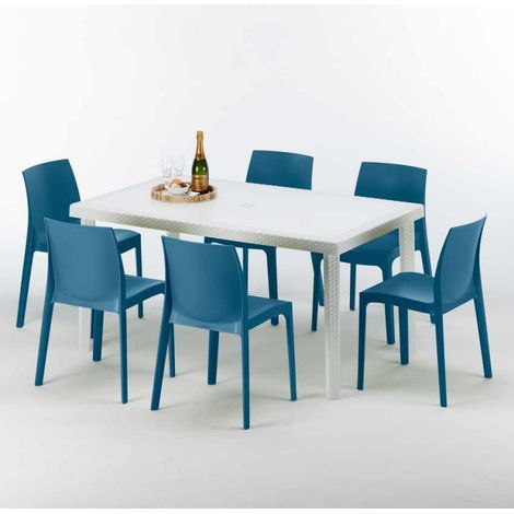Tavolo Rettangolare Bianco 150x90 cm con 6 Sedie Colorate Rome Summerlife - Blu