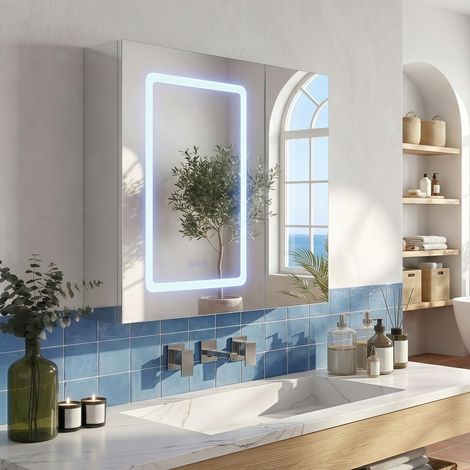 Spiegelschrank 70x60 cm mit LED-Beleuchtung, 2-türiger Badspiegel mit Antibeschlag, 3-Farben Touch-Schalter, verstellbare Einlegeböden