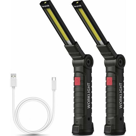 Lampe de travail rechargeable lampe d'atelier lampe de poche COB lampe de poche à base magnétique 5 modes lampe de camping lumière blanche/rouge pour garage, camping, urgence, etc. (grand, 2 pièces),- (1/5)