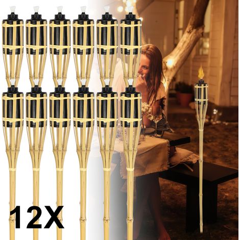 Wolketon Set di 12 torce da giardino in bambù e ferro, 90 cm, colore naturale, a olio, decorazione per esterni (1/5)