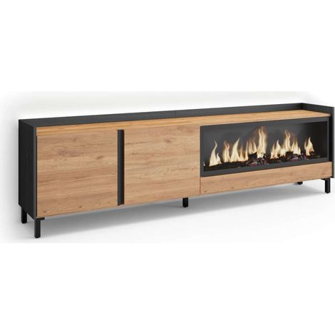 Mueble TV Marbella-01 de 212x61x35 cm con chimenea y luces LED, diseño industrial, color roble y negro (1/4)