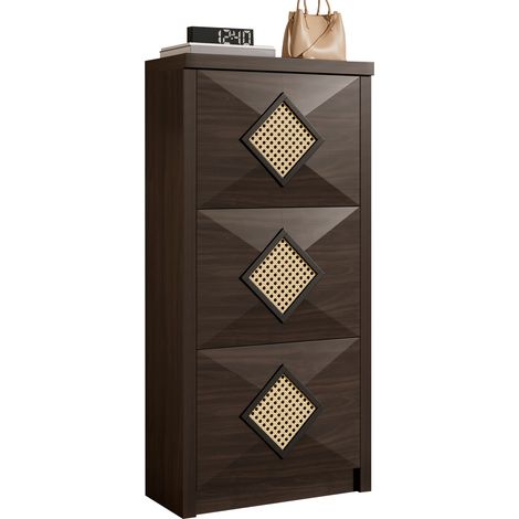 CHICFURN Meuble à chaussures vintage bois foncé avec 3 abattants, rangement étroit gain de place 54x25x115 cm, décor tressé rétro pour entrée et couloir (1/5)