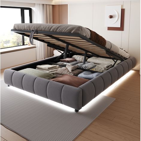 Letto imbottito moderno 140x200 cm in flanella grigio, senza testiera, con contenitore idraulico, LED bianco e rete a doghe (1/5)