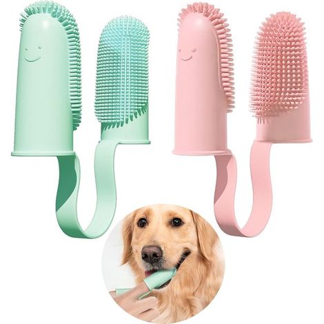 Lot de 2 brosses à dents pour chiens et chats - Brosses à dents à doigt - Brosses à dents doubles pour chiens - Soin dentaire - Poils à 135° - Pour l'hygiène dentaire des chiots, chats et animaux de c (1/5)