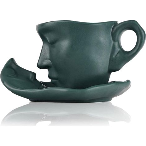 Set de tasse à café avec soucoupe et cuillère, design abstrait, porcelaine, vert, 260ml, polyvalent et pratique (1/5)