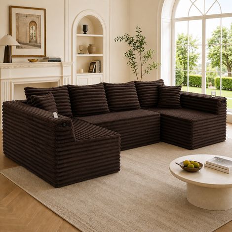 Divano modulare U 320x155x88 cm marrone in corduroy con portabicchieri, tasca laterale e cuscini (1/5)