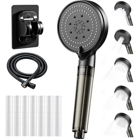 Pommeau de douche surpresseur avec filtre, 5 jets, 7 cartouches (transparentes). Élimine métaux lourds, chlore, bactéries, calcaire. Économie d’eau, pour chauffe-eau courants. (1/5)