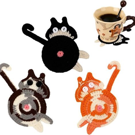 Sous-verres en coton 3 pièces – Dessous de verre ronds tissés à la main avec motif chat – Sous-verres antidérapants et décoratifs – Pour bureau maison cuisine et table (1/5)
