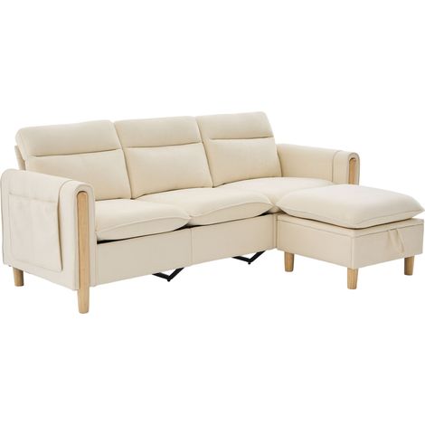 Divano a L a 3 posti in chenille beige con pouf contenitore e tasche laterali, gambe in legno (1/5)