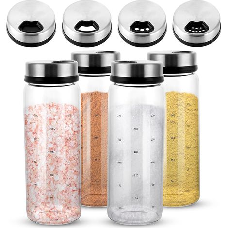 4 Pièces Pot A Epices Verre 300 ml, Bocaux Epices avec Couvercle Rotatif 4 Ouvertures, Salière Transparente 16,5 x 6 cm pour Cuisine, Sel, Poivre et Herbes (1/5)