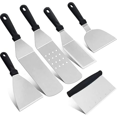 Spatules en Acier Inoxydable 6 Pièces - pour Grill, Poêle, Teppanyaki, Camping, Cuisson, Ustensiles Robuste (1/4)