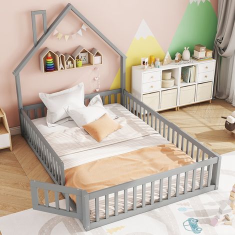 Kinderbett 140/200 cm grau aus Kiefernholz und MDF mit Schornsteinform und Sicherheitsgitter (1/5)