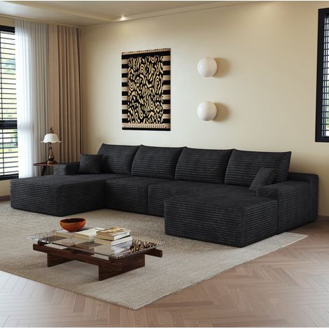 Modulares Ecksofa 340 cm Schwarz Stoff mit Chaiselongue und tiefer Sitzfläche