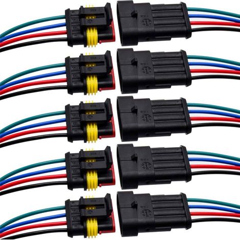 Conector eléctrico de 4 pines, 5 terminales macho + 5 terminales hembra, cable de 16 AWG - 10 cm. Apto para automóviles y camiones. (1/5)