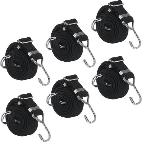 Lot de 6 Tendeurs Elastique avec Crochets, 2 m x 3 cm, Tendeurs Elastique Noir, réglables, Plats, pour Diable, Porte Bagages, vélo, Moto (1/5)