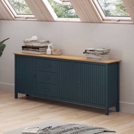 Mitepek – Buffet en bois massif bleu et pin 191x40x80H – 3 portes et 3 tiroirs – Design rustique et moderne – Parfait pour rangement élégant (1/5)