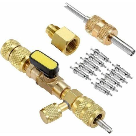 Extracteur/installateur de noyau de valve Vanne de déconnexion en laiton SAE 1/4 et 5/16 double taille pour éviter les fuites de réfrigérant pour R12 R22 R410A (1/4)