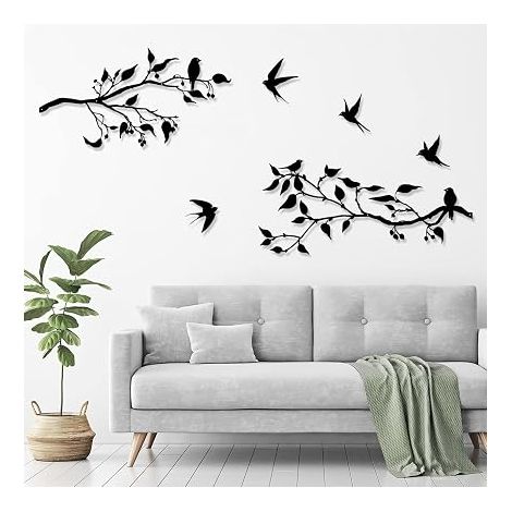 Metal Art Wall Decoration, Silhouette of Birds on Branch, Black Leaves with Bird, Outdoor Metal Wall Sculpture for Home, Balcony, Garden