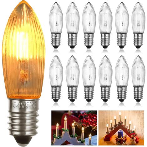 12 ampoules bougie E10 34V 3W 2200K 10lm, base vis, remplacement pour arche/arbre Noël/guirlande (1/5)