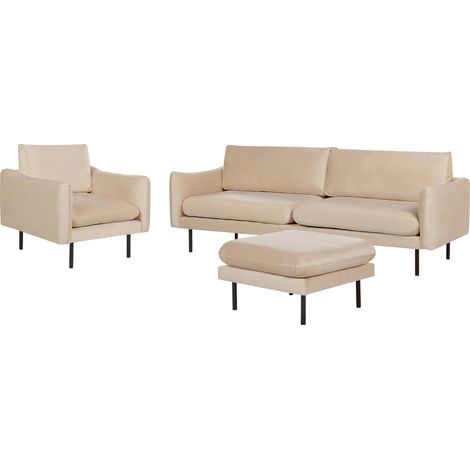 Conjunto de sala de estar 3 plazas estilo retro moderno sofá sillón otomana de terciopelo beige patas negras Vinterbro