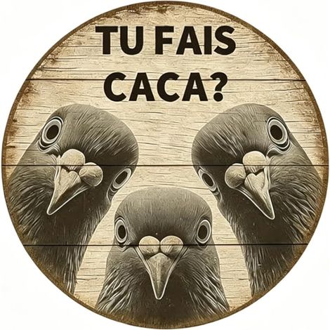 Plaque Ronde Humoristique en Bois Recyclé 20cm – Citation Tu Fais Caca avec Motif de Pigeons, Décoration Murale pour WC, Bar, Salon & Cadeau Écologique (1/5)