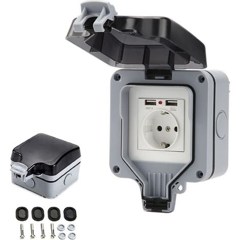 IP66 Waterproof Power Socket with USB Ports, Outdoor Power Socket with Cover, Wall Socket Box for Garden, Garage, Pool